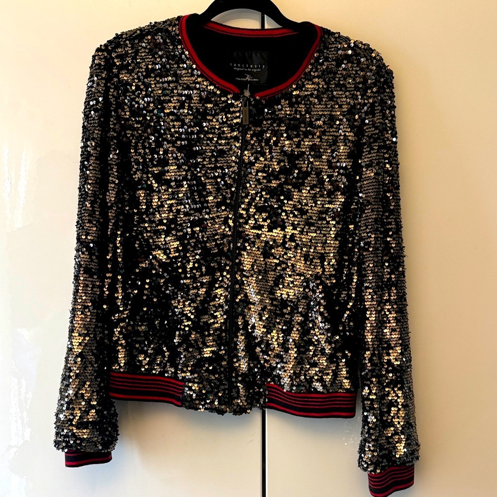 Sanctuary Black Sequin Bomber Jacket with Red sporty Accents medium